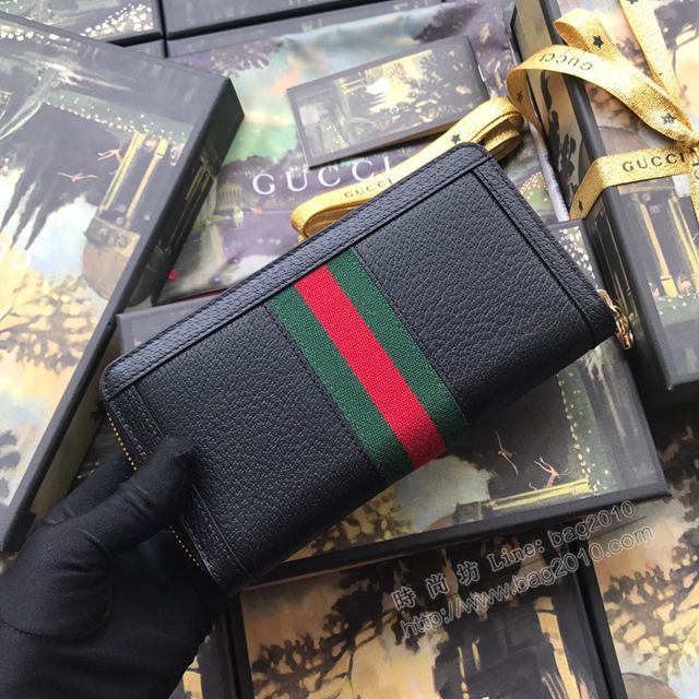 Gucci包 古馳錢包 523154黑全皮 Supreme高級人造帆布 條紋織帶 原單Ophidia系列拉鏈錢包  gudj1055